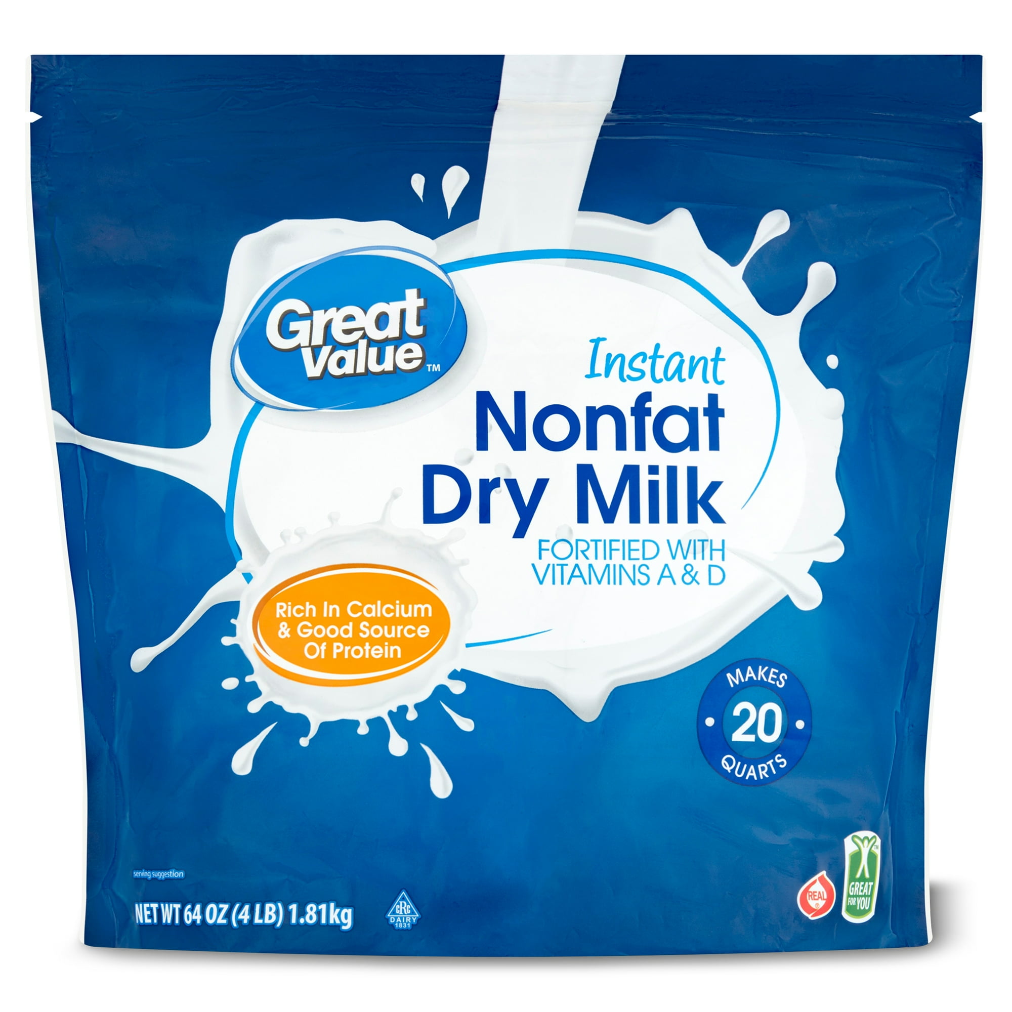 Great Value Instant Nonfat Dry Milk, 64 oz Bag, Makes 20 Quarts