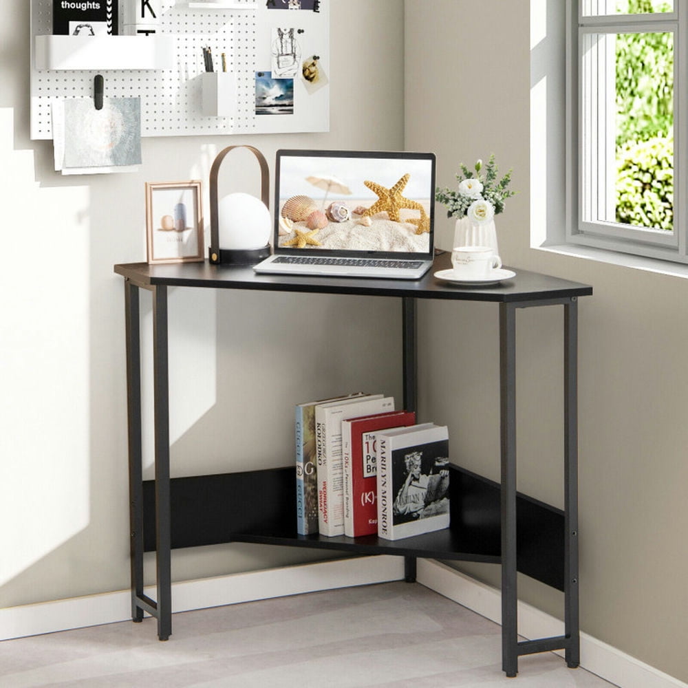 Demi Bonn Triangle Computer Corner Desk with Charging Station, Small Home Office Desk Study Writing Table, Black