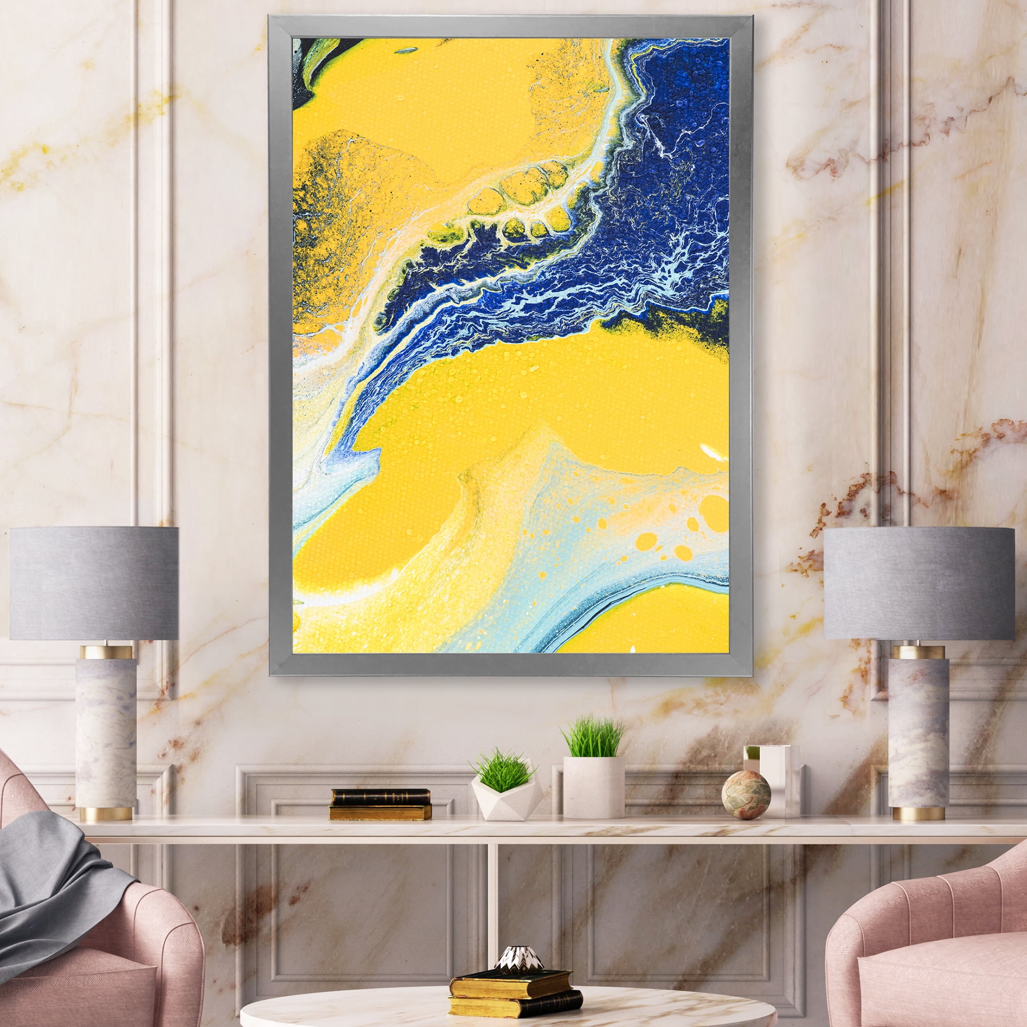 Designart 'Abstract Composition In Blue and Yellow VII' Modern Framed Art Print