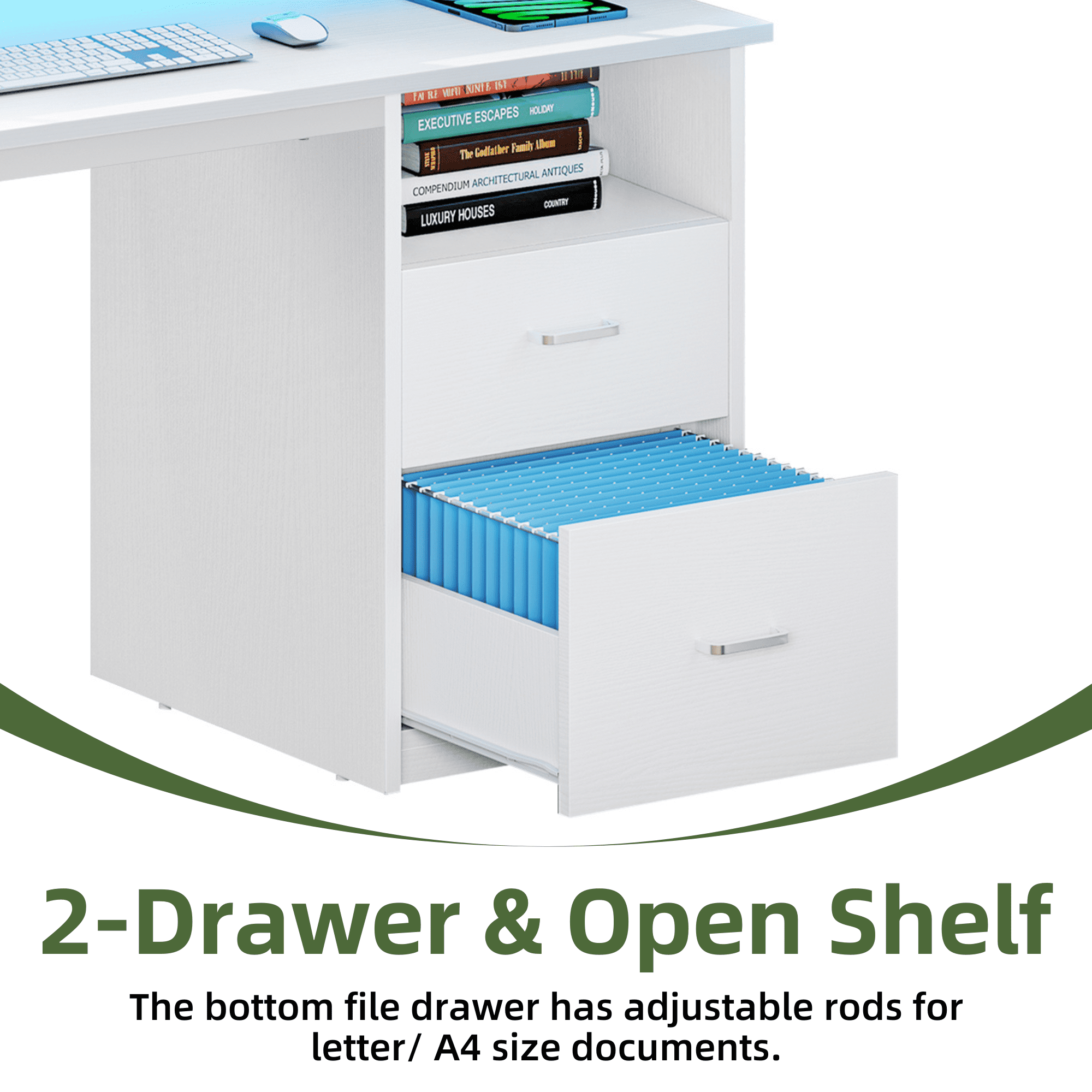 Uforic Computer Desk With LED Light & 2 Drawers, 47" Modern Office Desk for Home Office, White