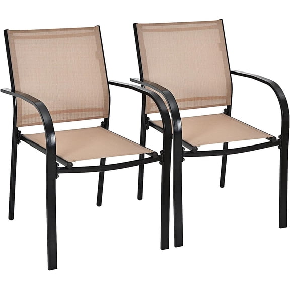 CGTER Set of 2 Outdoor Patio Chairs, Stackable Lawn Chairs with Armrests and Breathable Fabric, 2 Pack Bistro Chairs for Porch Garden Backyard Poolside, Brown & Black