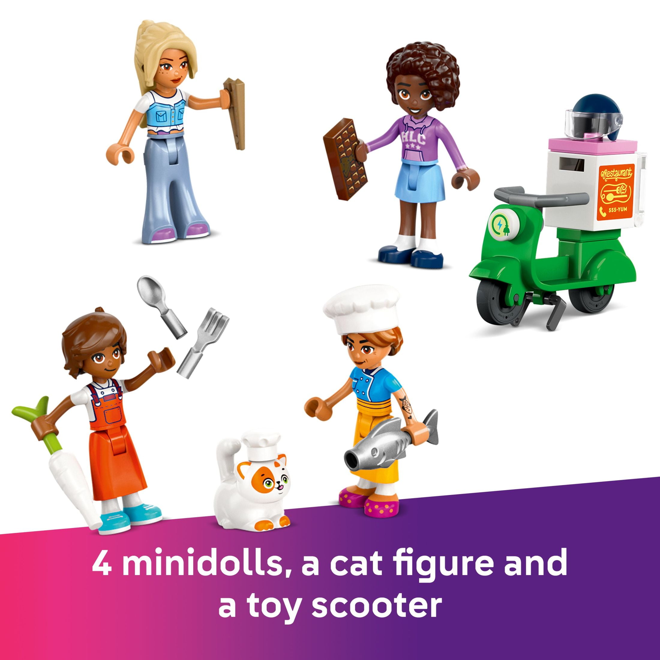 LEGO Friends Restaurant and Cooking School Toy Building Set - Restaurant Pretend Play Set for Kids, Girls and Boys, Ages 8+ - with 4 Minidolls, Cat Figure, and Scooter - Birthday Gift Idea - 42655