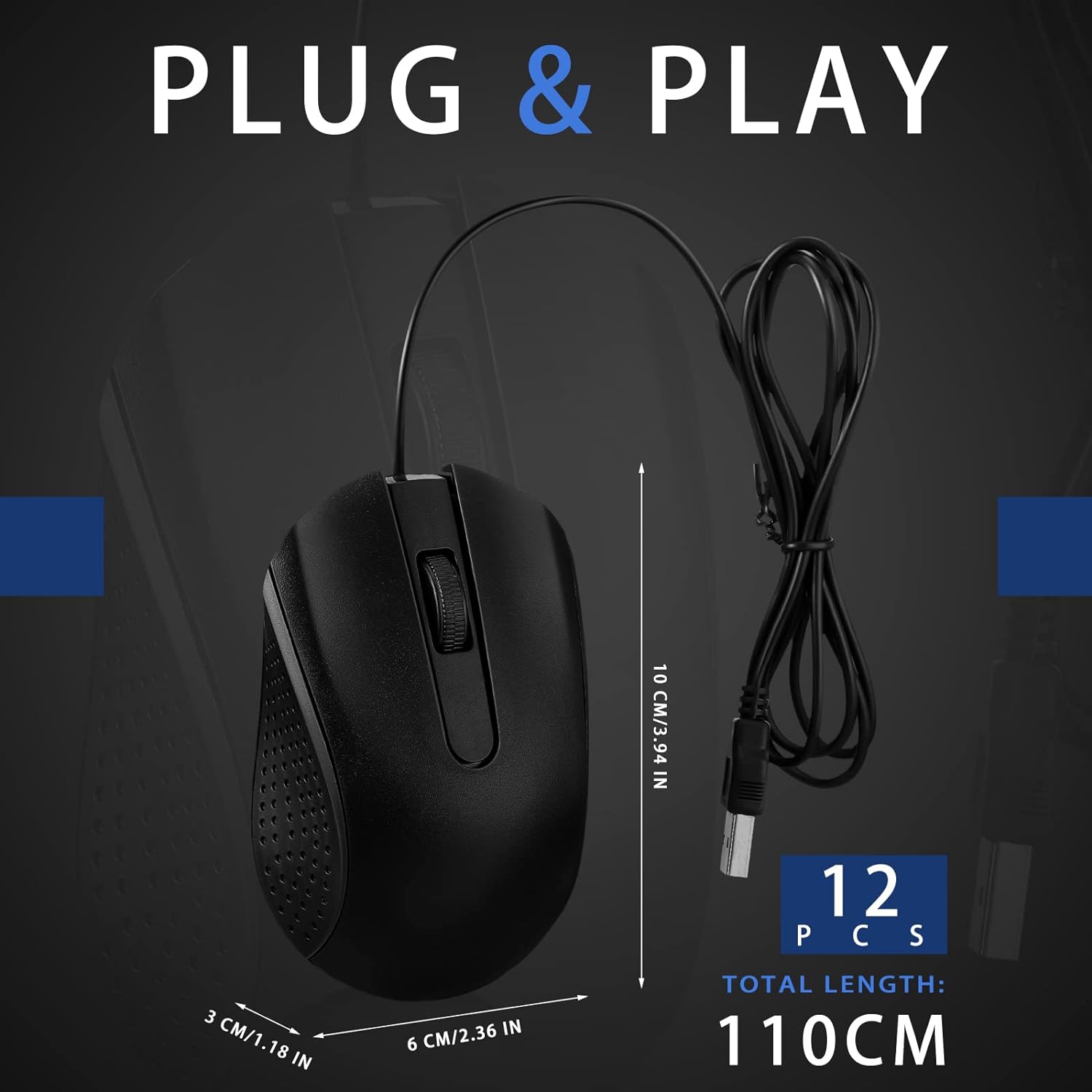 12 Pcs Wired Computer Mouse Buk Cord USB Computer Mice Ergonomic Wired Mouse for Pcs Computers aptops Gaming Office Home Suppies(Back)