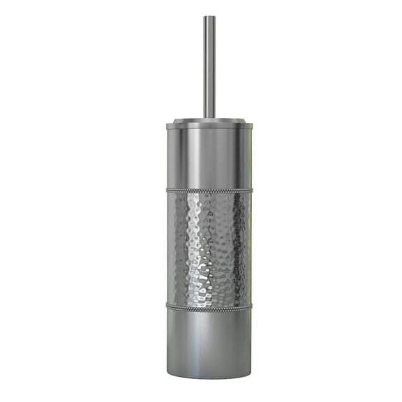 Slim Compact Stainless Steel Toilet Brush Holder For Bathroom Storage - Sturdy, Deep Cleaning, Metal in a Hammered two tone polished finish.