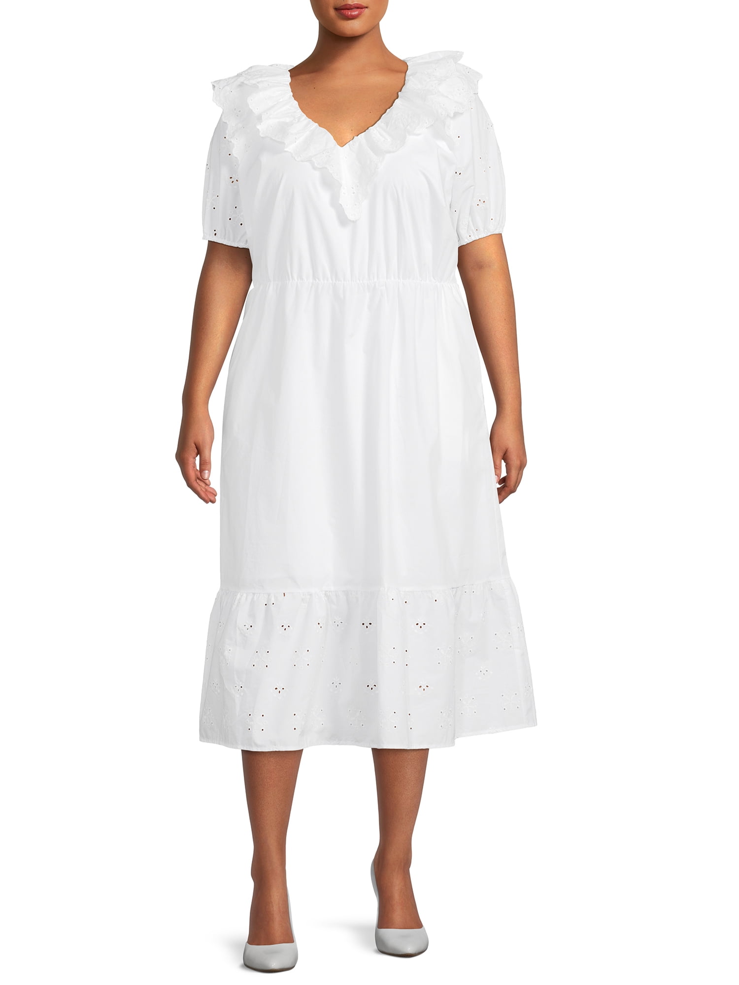 Plus Size Eyelet Ruffle Midi Dress 