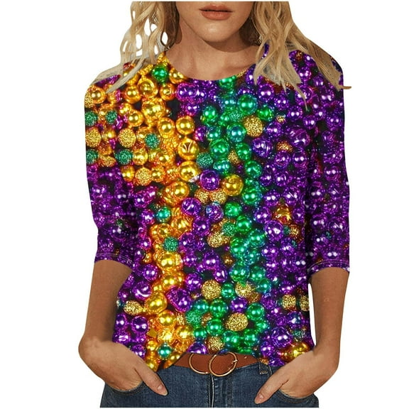 Womens Long Sleeve Tops, Mardi Gras Shirts for Women 2026 Funny Graphic Tunic Tops Casual 3/4 Sleeve Carnival Blouse Parade Outfits