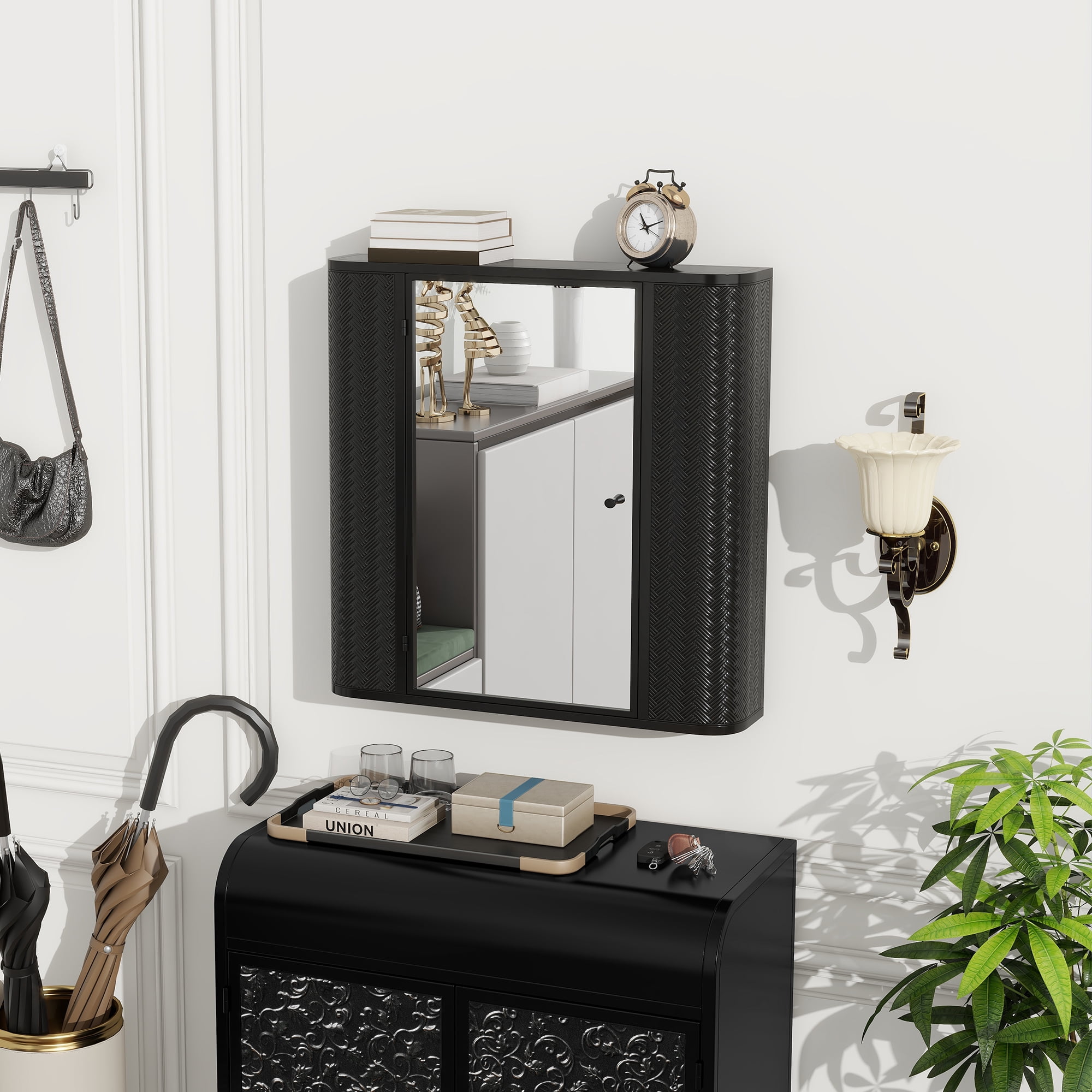 Bathroom Medicine Cabinet Over The Toilet Storage Wall Mounted Mirror Cabinet,&nbsp;with Glass Shelf Open Compartment and Magnetic Closure, Bathroom Organizer Antique Black