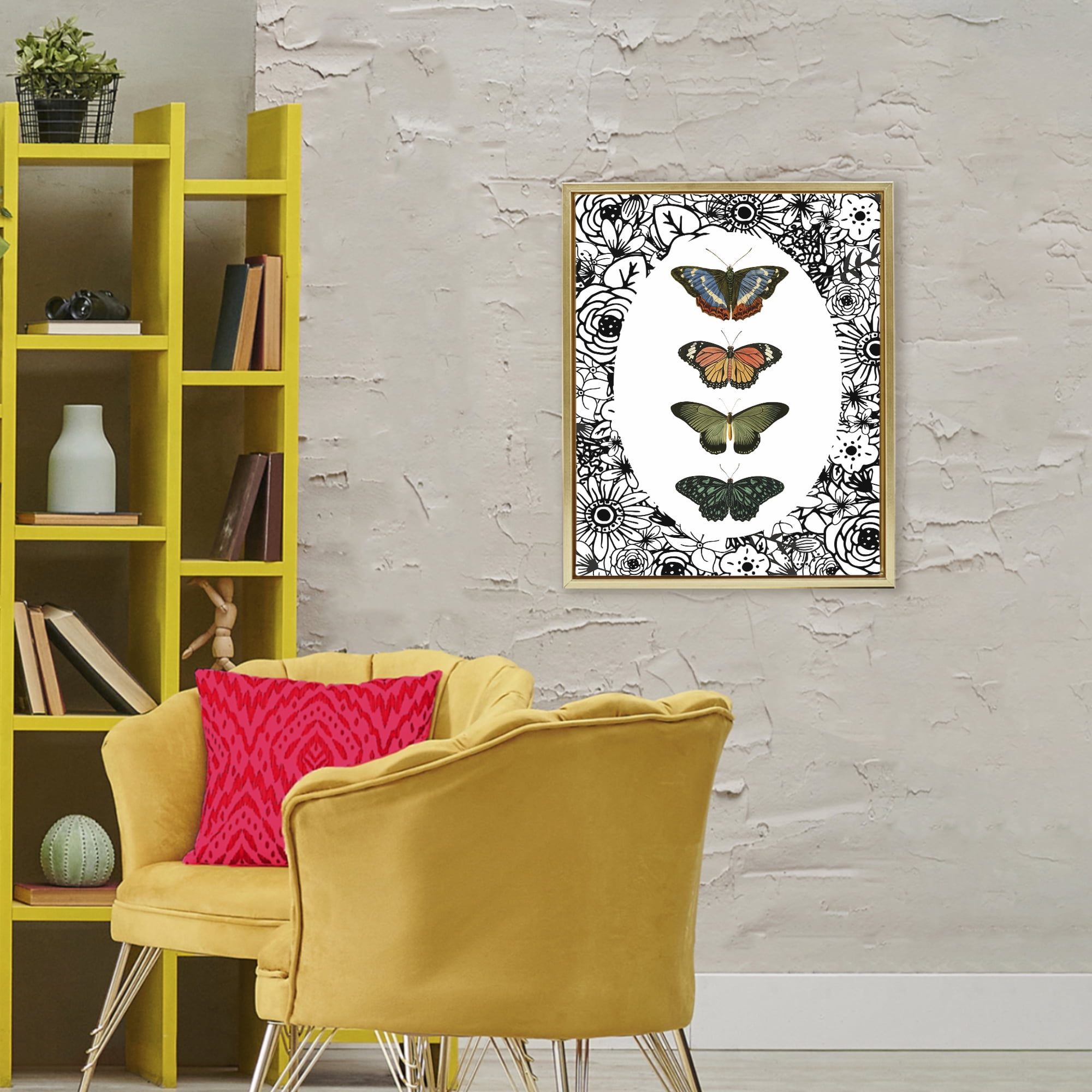 Stupell Industries Floral Border Butterfly Lineup Gold Framed Floater Canvas Wall Art, design by Dan Meneely
