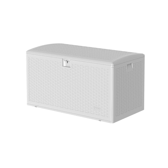 99 Gallon Outdoor Resin Deck Box - Waterproof & UV-Resistant Storage Bench with Lockable Hydraulic Lid - Wicker Texture for Patio Cushions, Garden Tools, Pool Accessories - White, Woven Strap