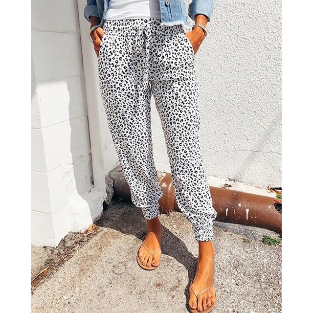 Pantalones de mujer con cordón, pantalones de mujer con estampado de leopardo, pantalones casuales, pantalones sueltos para mujer, uso conveniente
