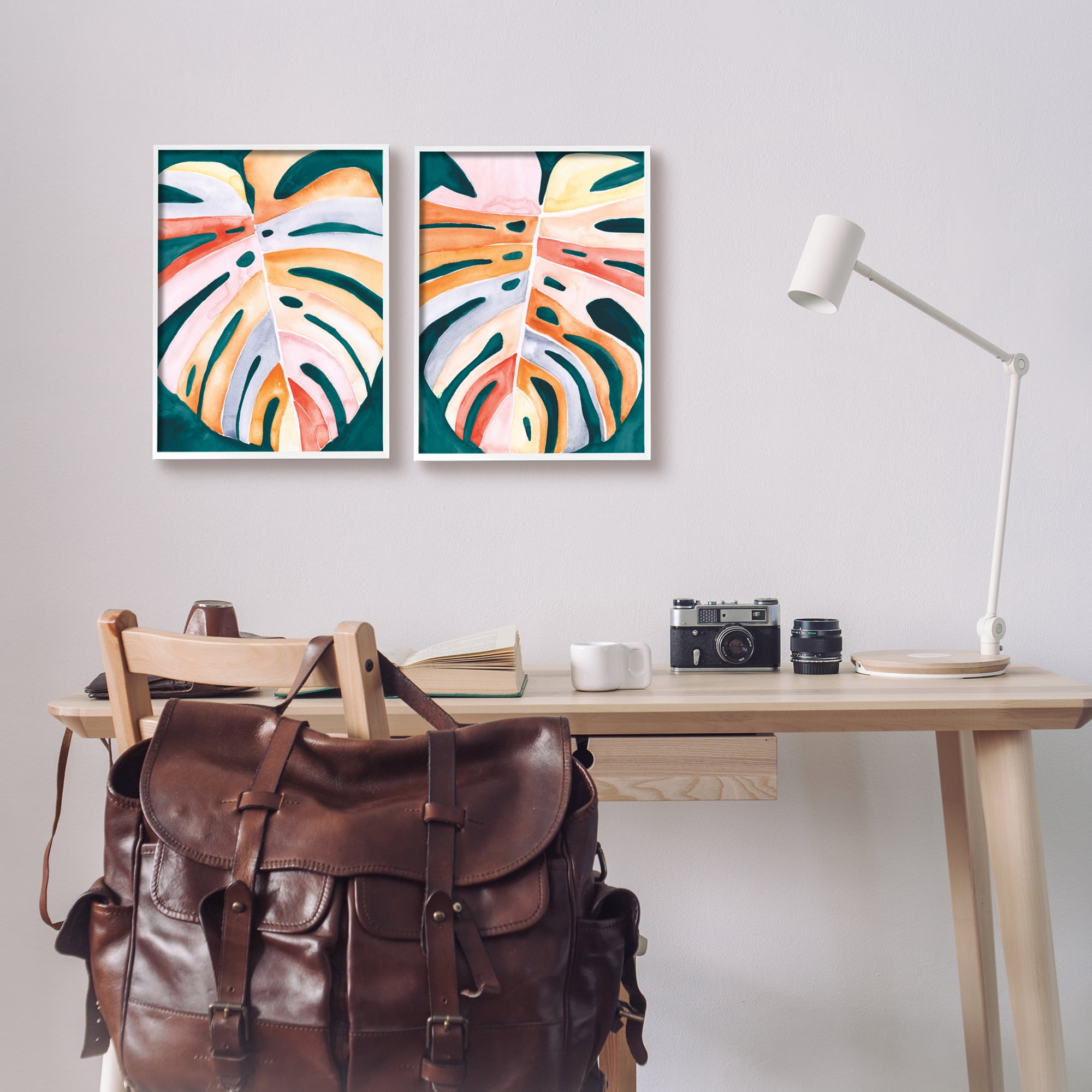 Stupell Industries Tropical Monstera Leaves Botanical & Floral Painting White Framed Art Print Wall Art, 11 x 14, Set of 2
