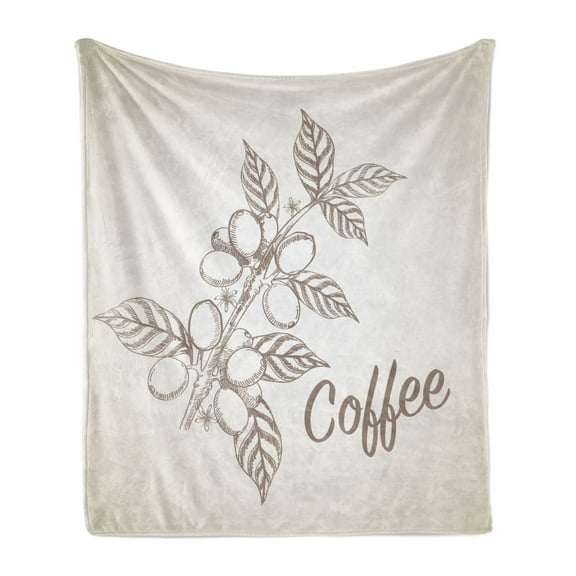 Coffee Soft Flannel Fleece Throw Blanket, Monochrome Sketch Branch with Leaves and Beans Agricultural Components Coffee, Cozy Plush for Indoor and Outdoor Use, 60" x 80", Pale Tan Cocoa, by Ambesonne