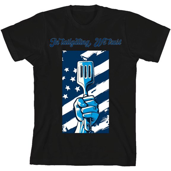 "In Tailgating We Trust" American Flag And Spatula Youth Black Short Sleeve Tee-Medium