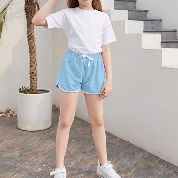CCRFTGI Girls Athletic Shorts Size 8 Casual Elastic Sweatpants Lightweight Running Gym Summer Shorts Sky Blue 14-15 Years