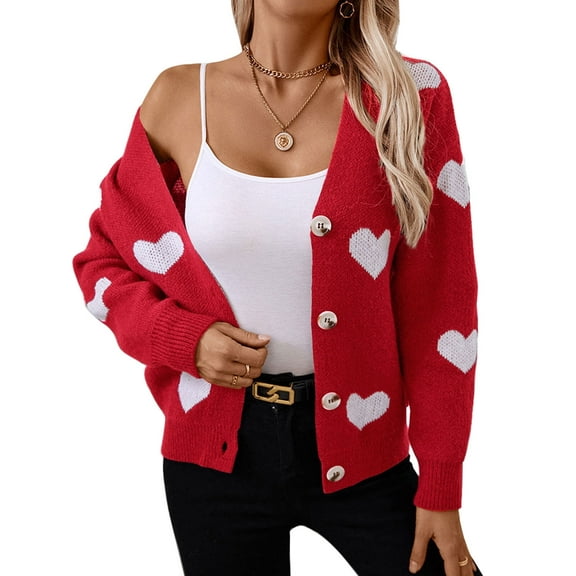 Cardigans for Women Heart Print Valentine's Day Sweaters Loose Casual Button Down Long Sleeve Open Front Knit Cardigans Alsol Lamesa