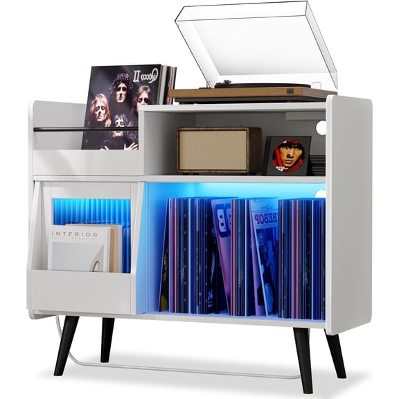 Record Player Stand with LED Light & Power Outlet, Vinyl Record Storage Cabinet Holds Up to 350 Albums, Turntable Stand for Living Room White
