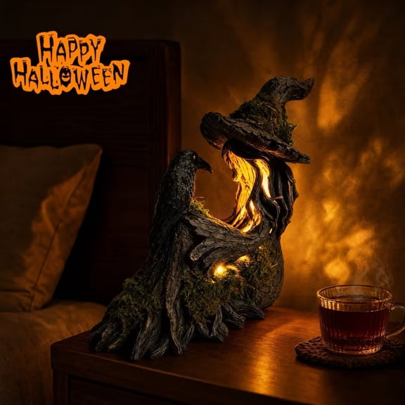 Halloween Decorations, 7×5.9 in Mossy Tree Witch with Raven Light Up Figurine, Vintage Halloween Tabletop Decorations, Mantel Witch Ornament