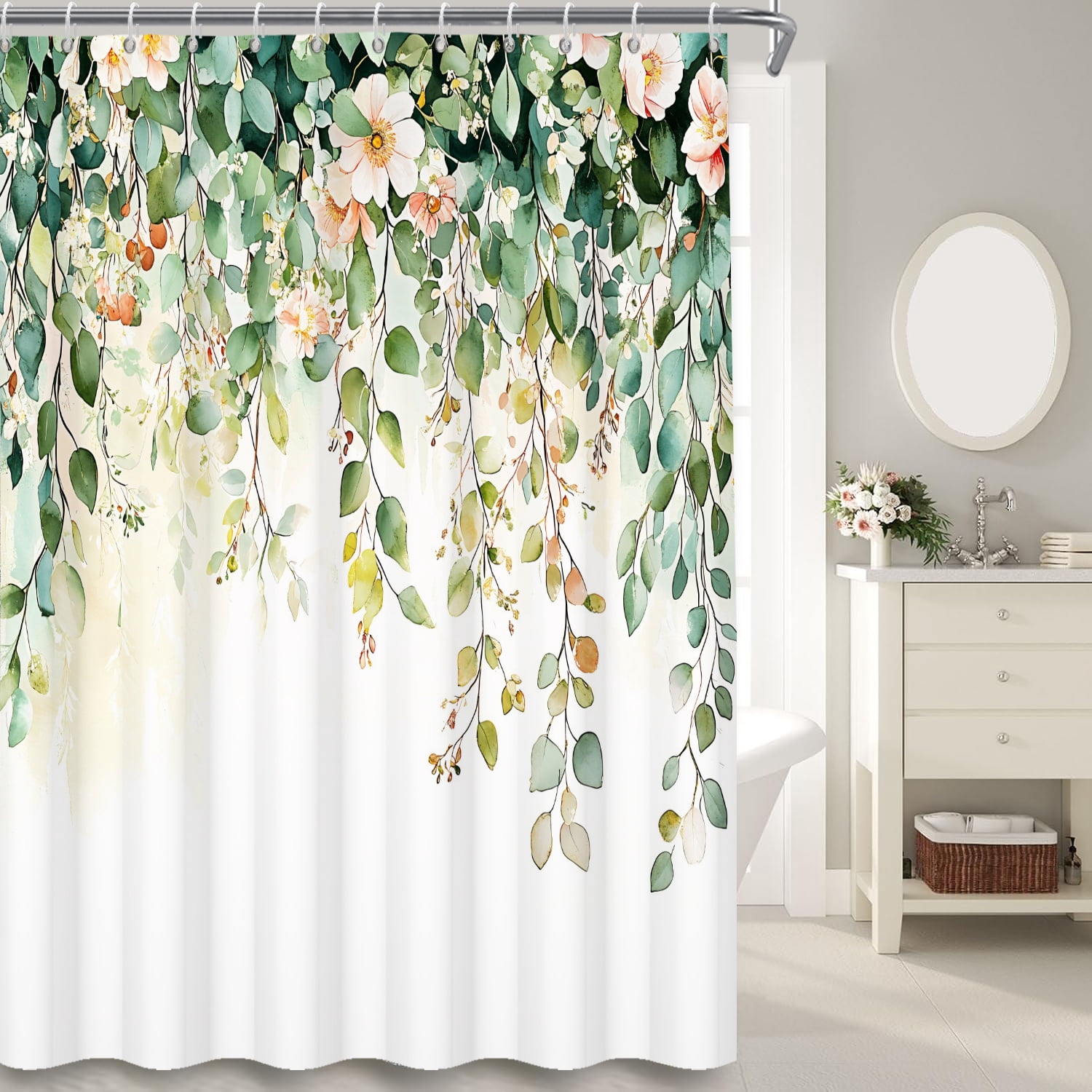MIZHONA Green Leaves Shower Curtain,NaturePink Flower Bathroom Shower Curtain with Hooks,72Wx78L