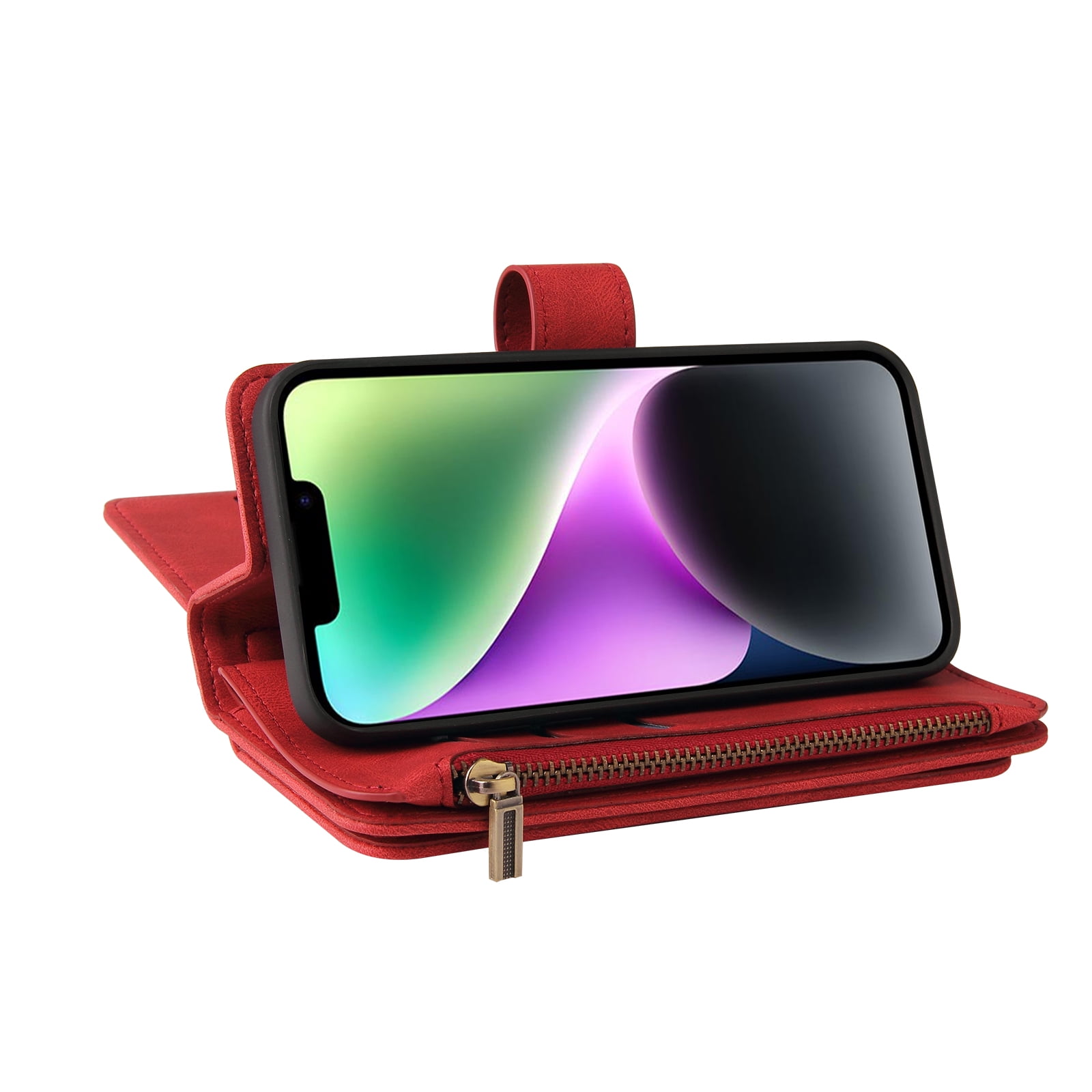 Wallet Case for iPhone 15, Magnetic Zipper Pouch Premium PU Leather with Kickstand Wallet Flip Shockproof Phone Case Wrist Strap Card Slots Holder Pocket iPhone 15,
Red