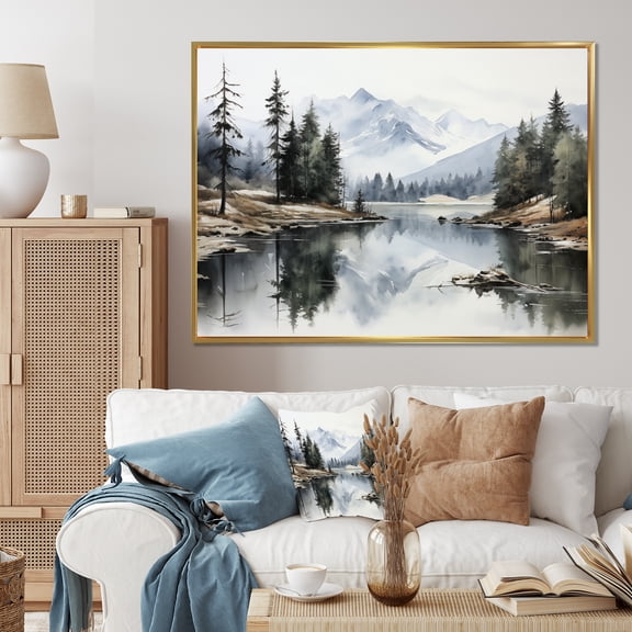 Designart "Minimalism Forest Silent Reflection in Green and Blue" Landscapes Floater Framed Canvas Print
