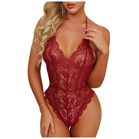 

Odeerbi Crotchless Lingerie Set for Women Sexy Lace Camis Babydoll Underwear Sleepwear Jumpsuit Bodysuits Pajamas Burgundy