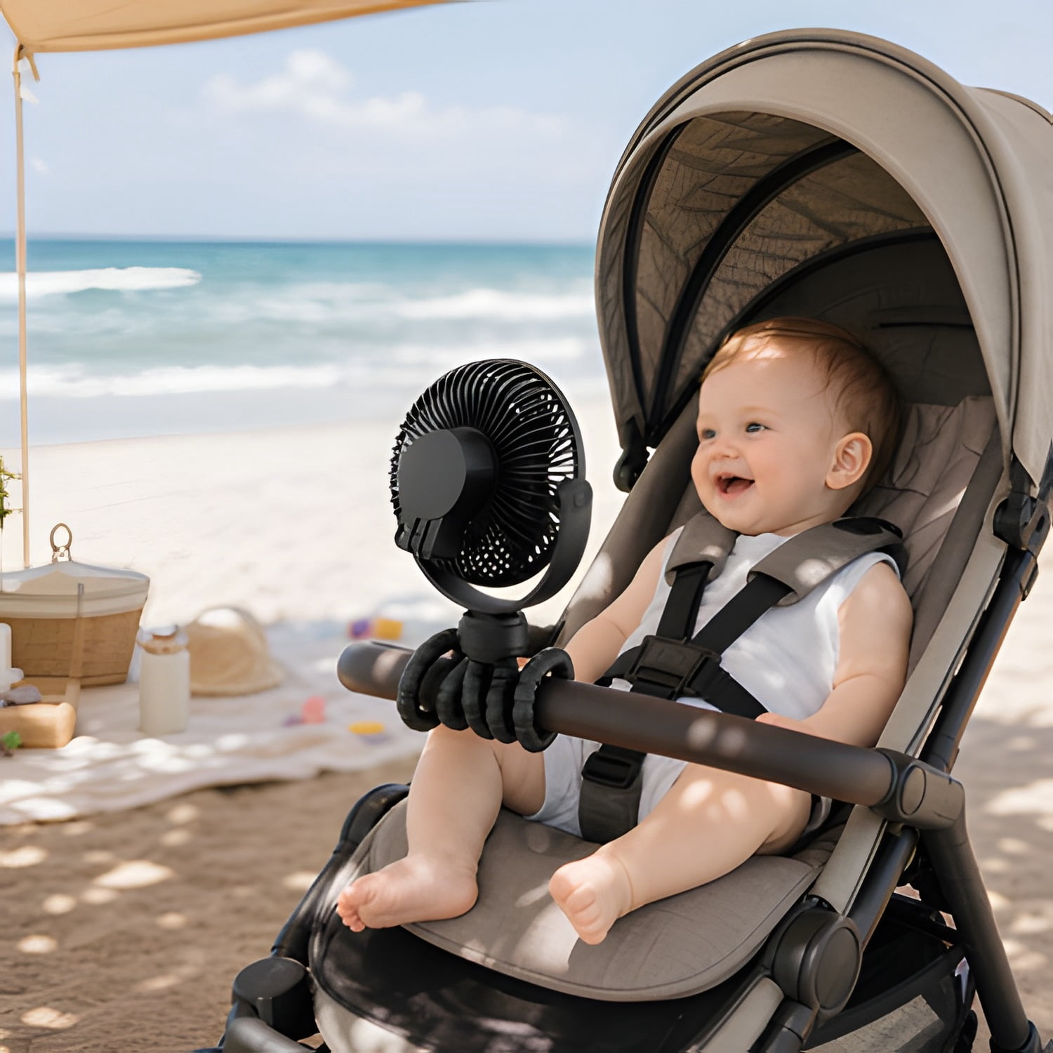 Mini Portable Stroller Fan, Battery Operated Small Clip on, Detachable 3 Speed Rechargeable, 360° Rotate Flexible Tripod Better Cooling for Car Seat Crib Treadmill