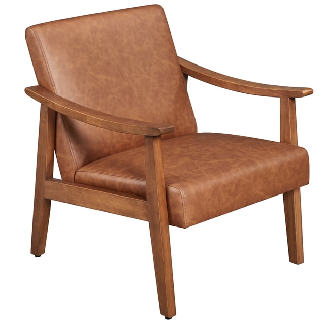 Yaheetech Mid-Century Modern Faux Leather Accent Chair with Solid Wood Legs, Light Brown