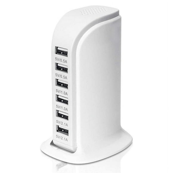 USB Tower Power Adapter 6-Port Smart IC Tech Charging Station with Quick Charge 2.1 for Phone Tablets and More (White)