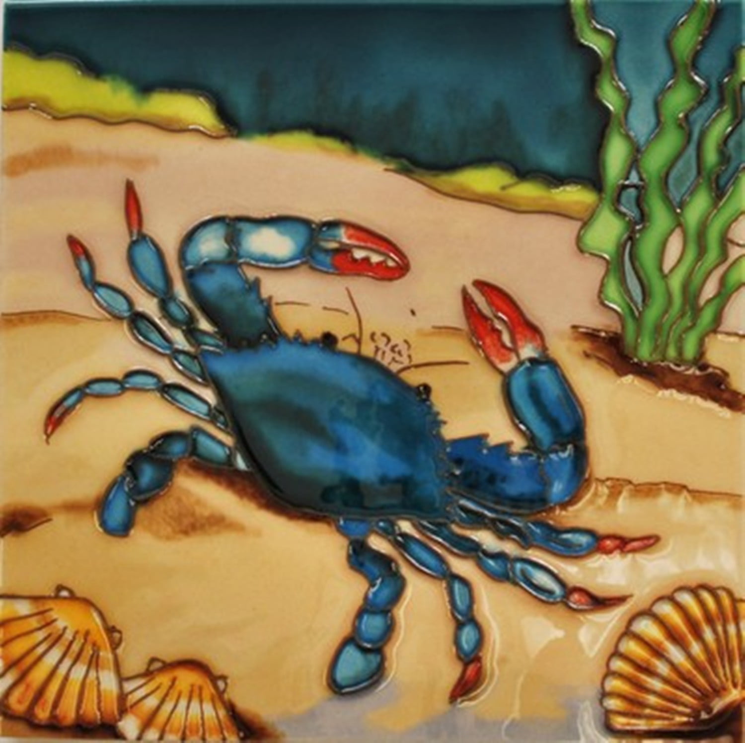 Blue crab hand painted ceramic art tile 8 x 10 inches with back and hooks 