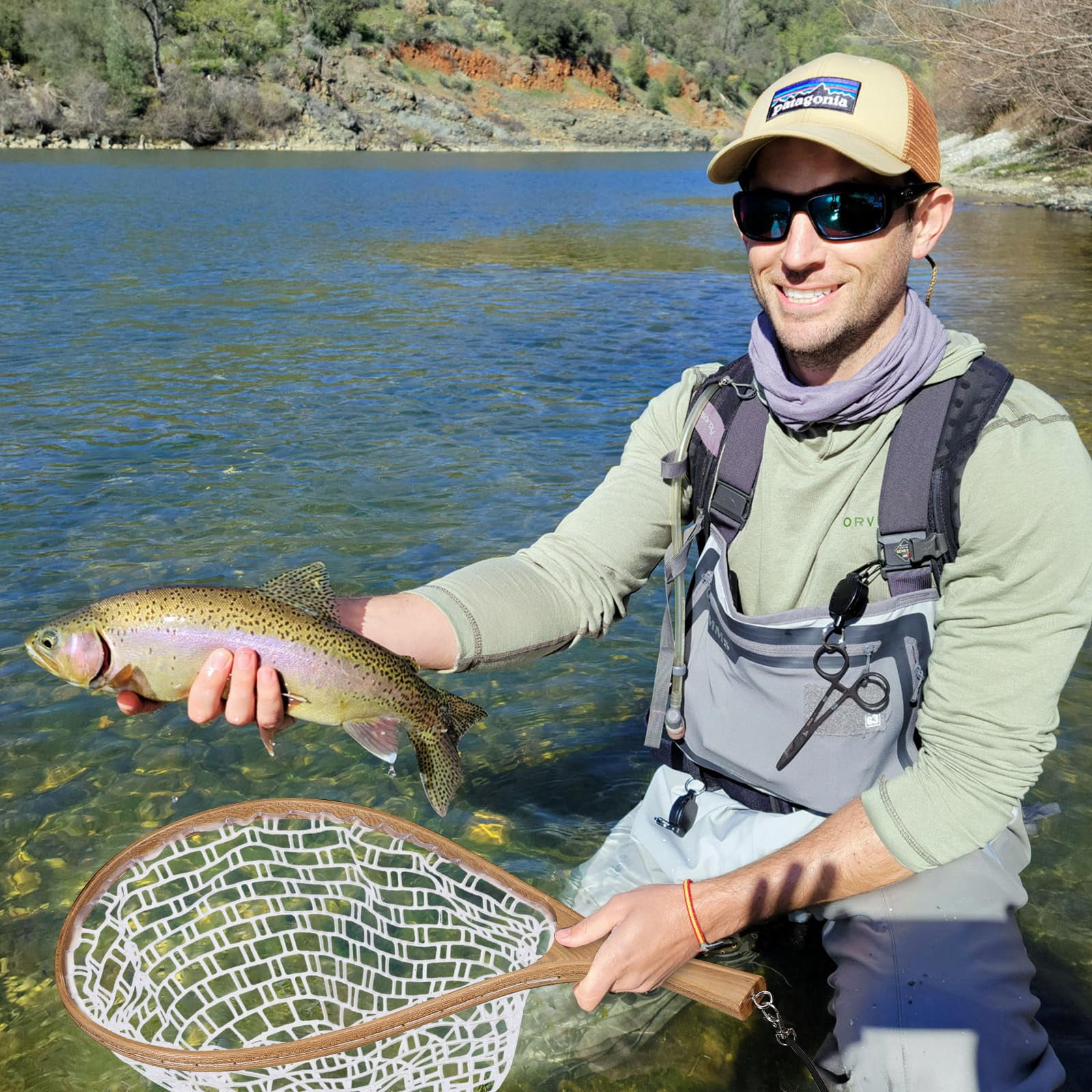 Fly Fishing Net Trout Net, Soft Mesh Fishing Net, Fish Landing Net with Safety Rope Lanyard, Lightweight Catch and Release Net for Trout, Bass,56*27*1.8cm