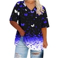 thumbnail image 4 of Oversized T-Shirts for Women Casual V-Neck Printing Short Sleeve T-shirt Summer Loose Breathable Blouses Plus Size Pullover Top Blue 4XL, 4 of 5