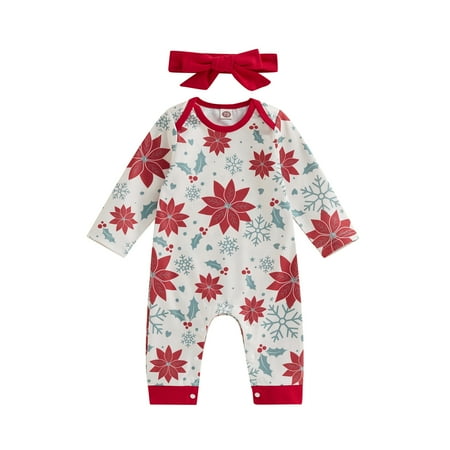 

Baby Girls Boys Christmas Romper Letter/Snowflake Print Round Neck Long Sleeve Jumpsuits with Hat/Headband 0-24 Months
