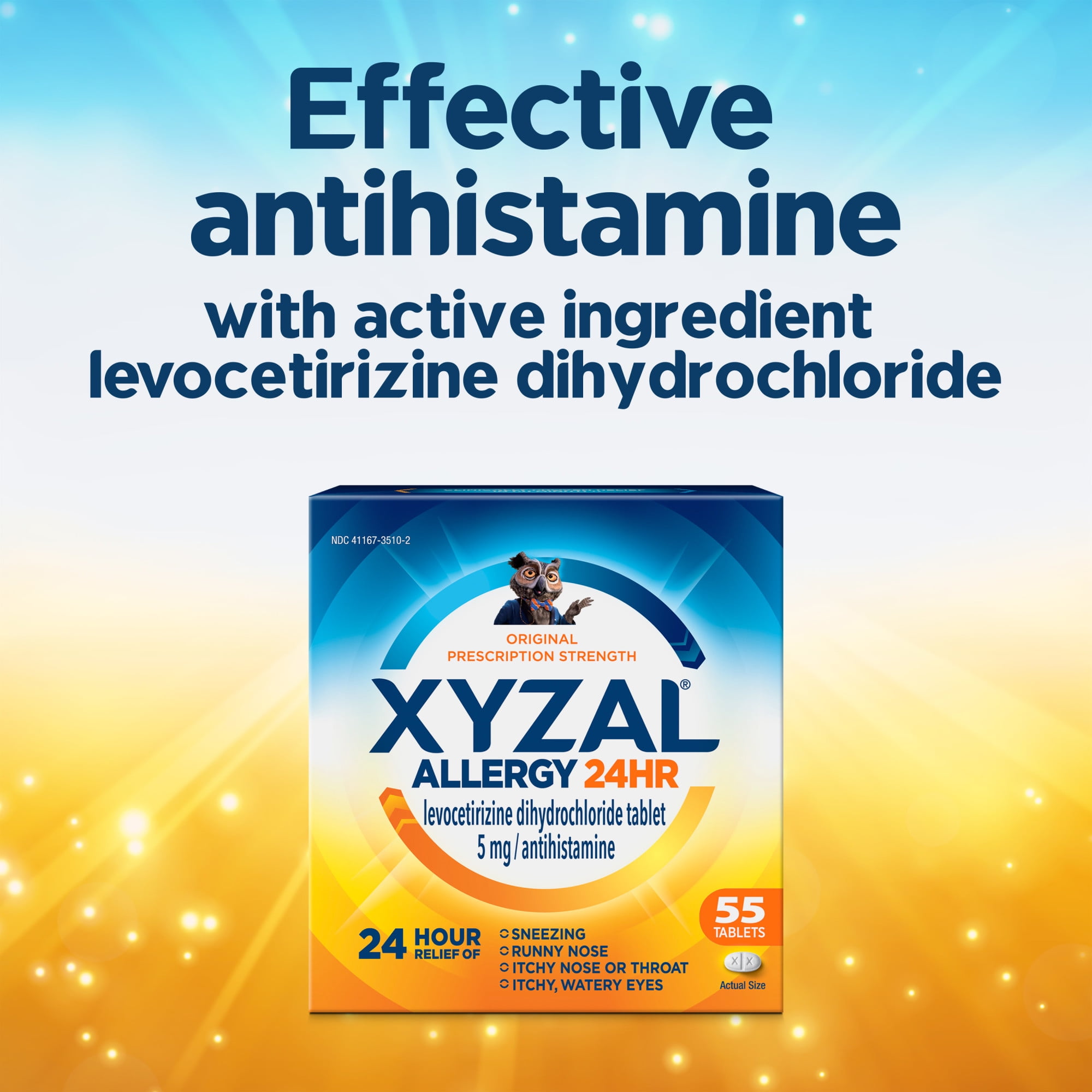 Xyzal 24 Hour Allergy Relief Medicine, Original Prescription Strength Antihistamine, Levocetirizine Dihydrochloride Tablets 5 mg, 55 Count