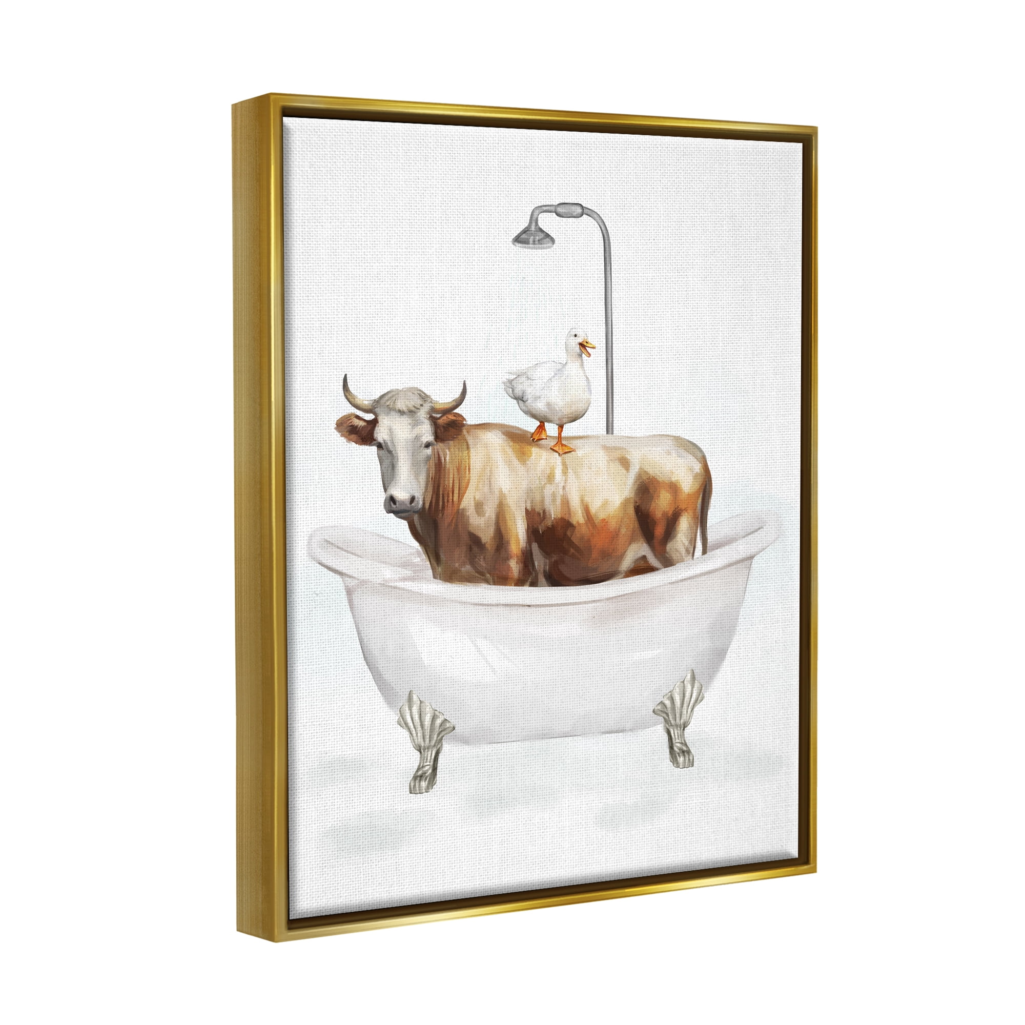 Stupell Industries Farm Animals Bathtub Animals & Insects Painting Gold Floater Framed Canvas Art Print Wall Art, 25 x 31