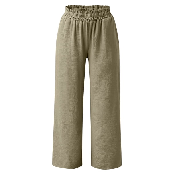Pantalones de seda helada de cintura alta con estampado de hojas de loto para mujer - Tejido arrugado, cintura media, bolsillos, estilo informal, para todas las estaciones, tallas S-XXL