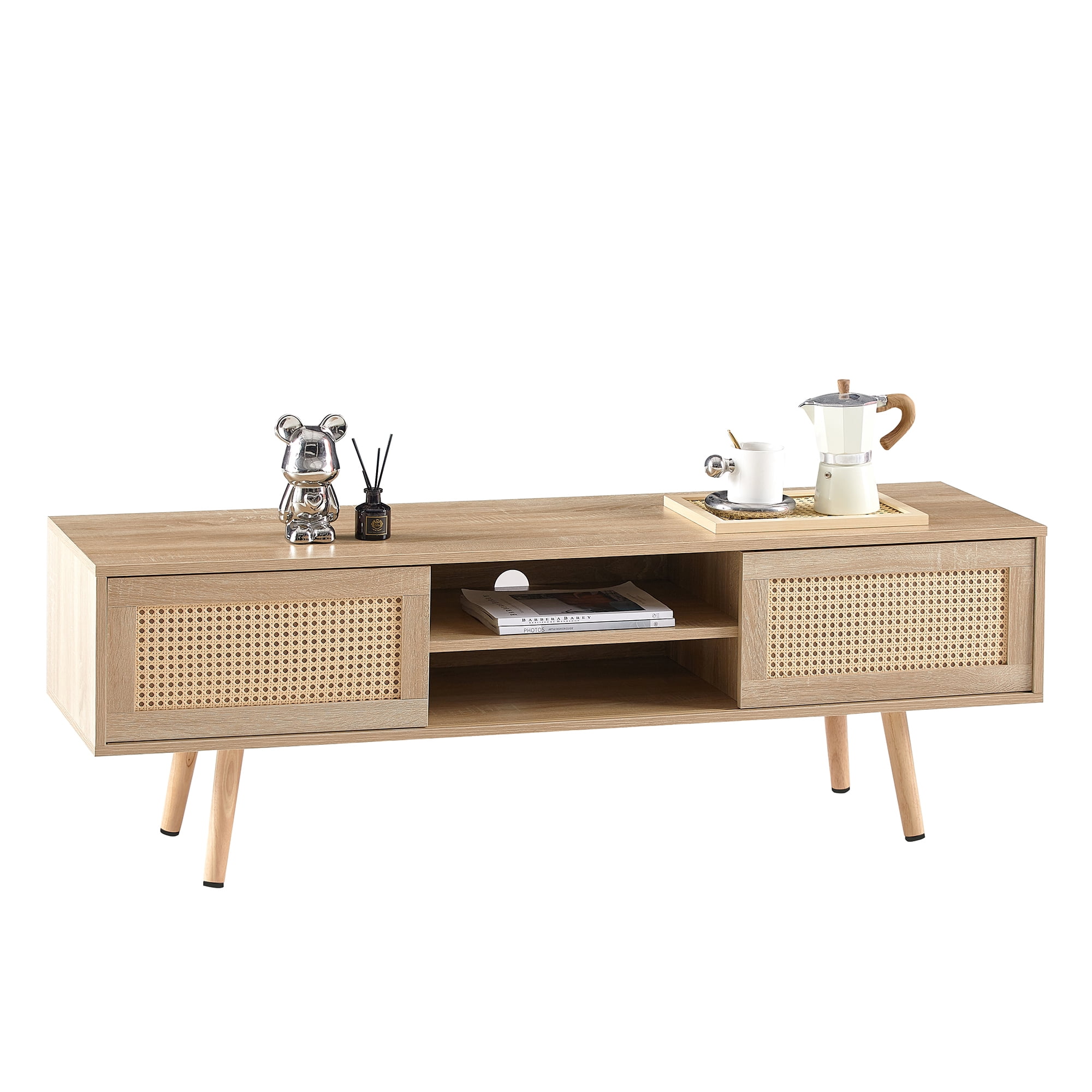 MAYEERTY 55.12" Rattan TV Cabinet with Sliding Doors, Solid Wood Legs, Adjustable Shelf, Natural