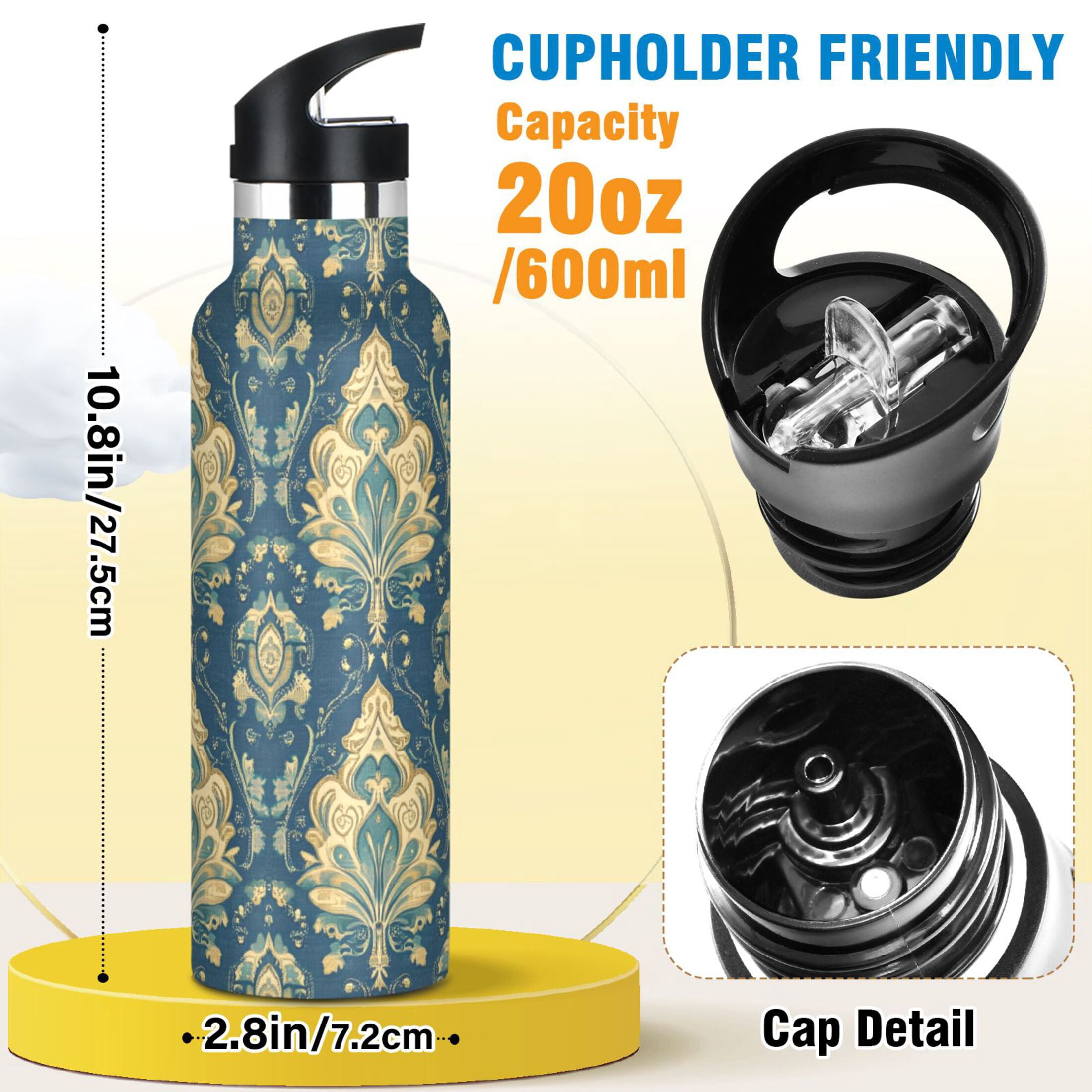Kids Insulated Stainless Steel Sports Water Bottle 600ml (20oz) Elegant Prints