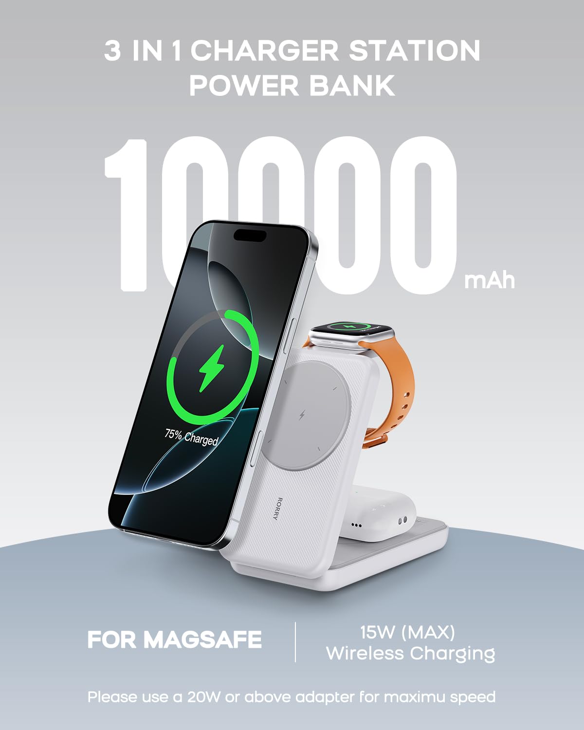 RORRY Magnetic Portable Chrager , 10000mAh Power Bank 3-in-1  Wireless Charger, Foldable Battery Pack for iPhone, Apple Watch,  AirPods, Samsung,White