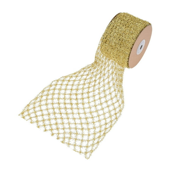 NAMZI Stretchable Glitter Diamond Mesh Ribbon Wired Ribbon Wide 2.5" to 6" for Christmas Tree,Wreaths Supplies,Home Decor, Gift Wrapping,DIY Crafts, 2.5” x 5 Yards x 1 Rolls, Golden