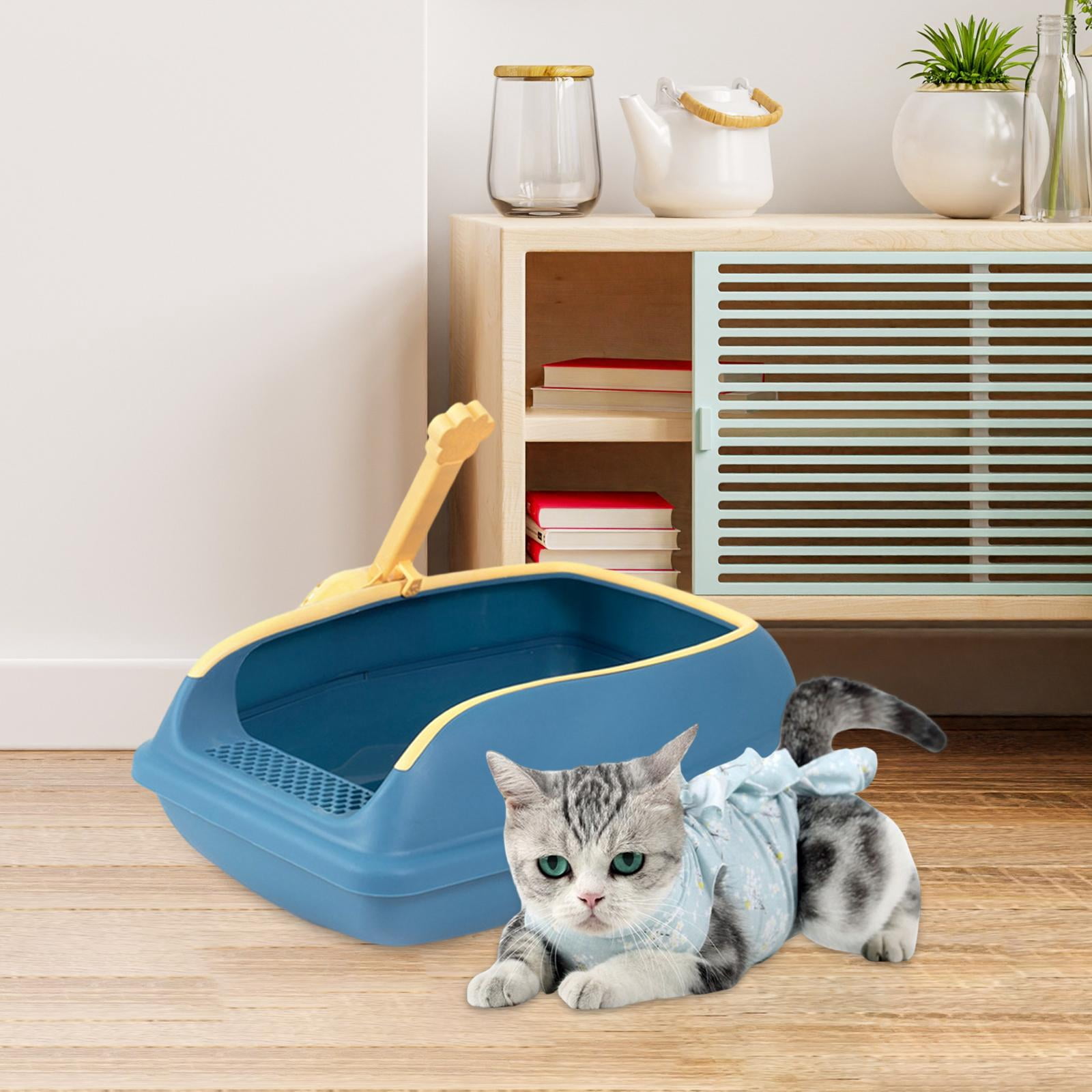 perfeclan Cat Bedpan Portable with High Side Cat Litter Container Semi Closed Easy to Clean Kitty Litter Pan for Indoor Blue