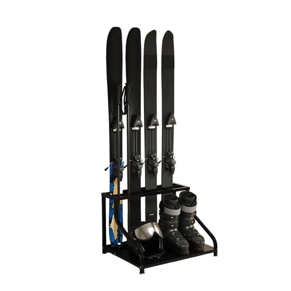 Black Steel Ski Storage Rack, Freestanding Ski Organizer & Snowboard Rack Holds 4 Skis/Boots/Poles, 23"x16"x18.8" Ski Holder for Garage/Basement