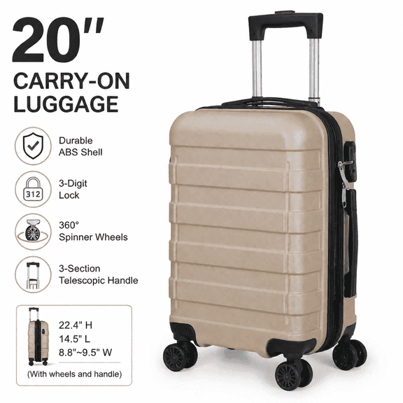 20 Inch Expandable Hardside Carry On Luggage, Lightweight ABS Suitcase with 360° Spinner Wheels and Combination Lock for Air Travel
