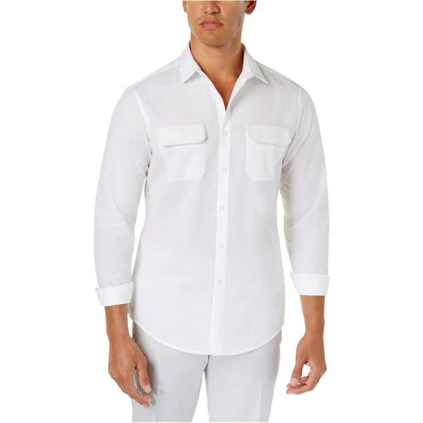 I N C Mens Faux Leather Trim Button Up Shirt White Small