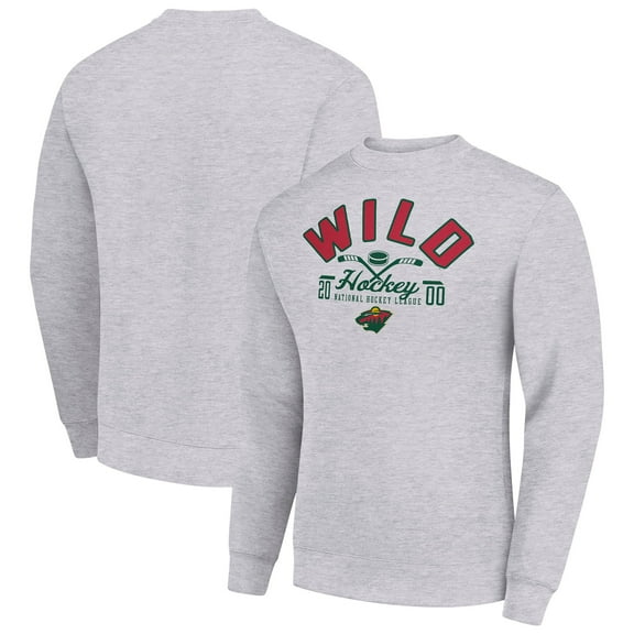 Men's Starter Heather Gray Minnesota Wild Stick And Puck Logo Fleece Pullover Sweatshirt
