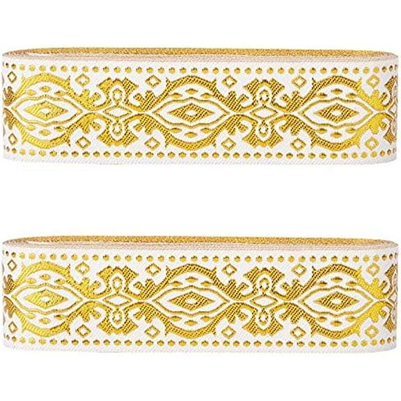 14 Yards Gold Ethnic Jacquard Ribbon Emobridered Woven Ribbon Boho Fabric Sewing Woven Ribbon Floral Trim Fringe Decor Trim for DIY Clothing Curtain Embellishment Decoration 1.3 Inch
