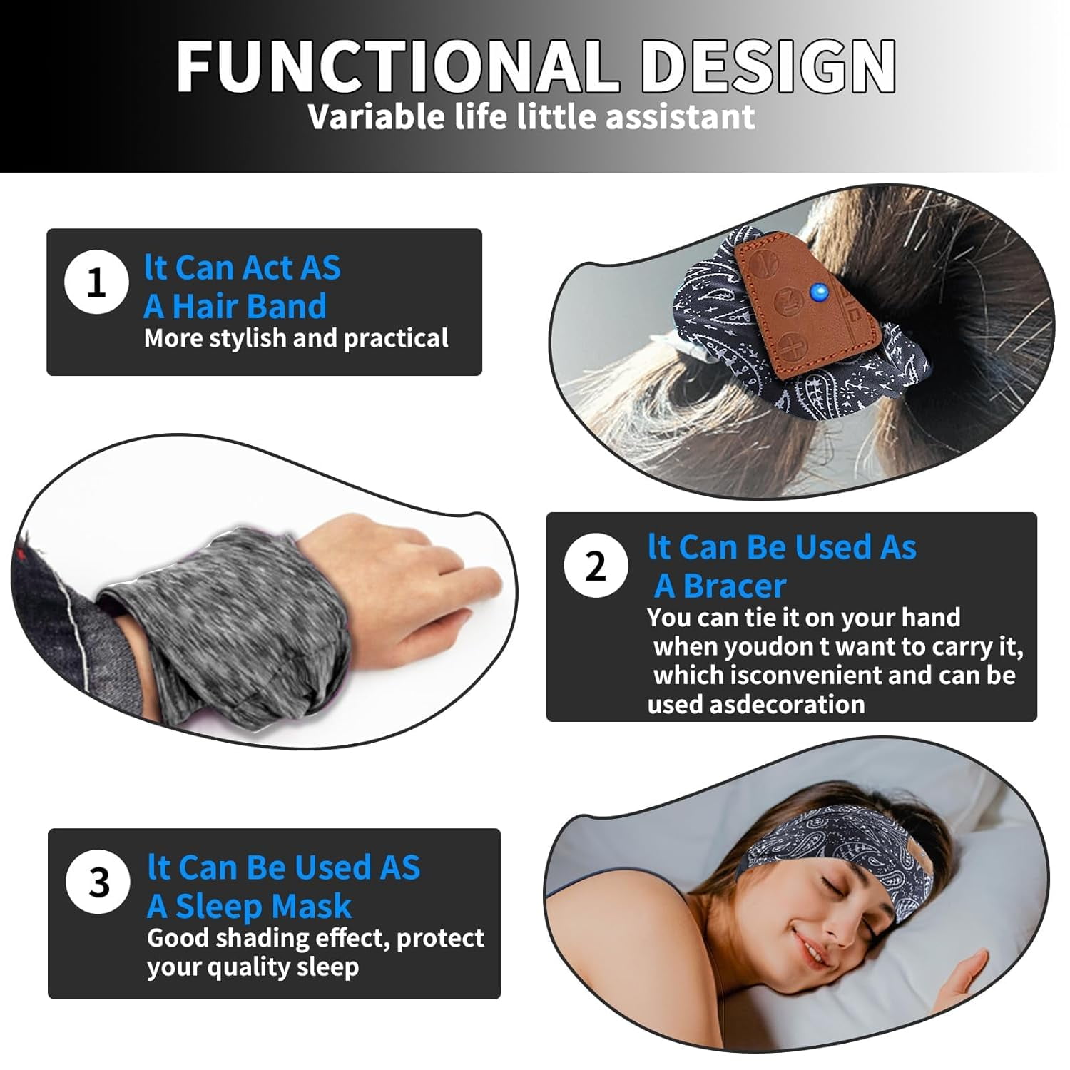 DIMEN Sleep Headband Headphones Bluetooth with Mic - HD Sound for Side Sleepers, Yoga & Sports