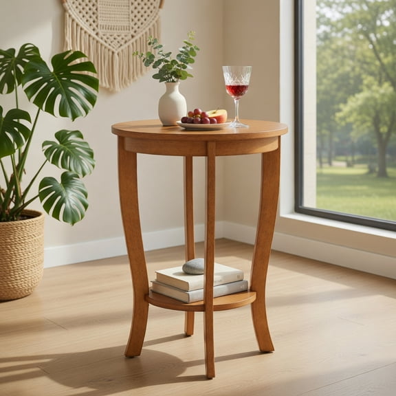 Demi Bonn 2-Tier Round End Table, Solid Wood Legs, Non-Slip Foot Pads, Natural (Brown)