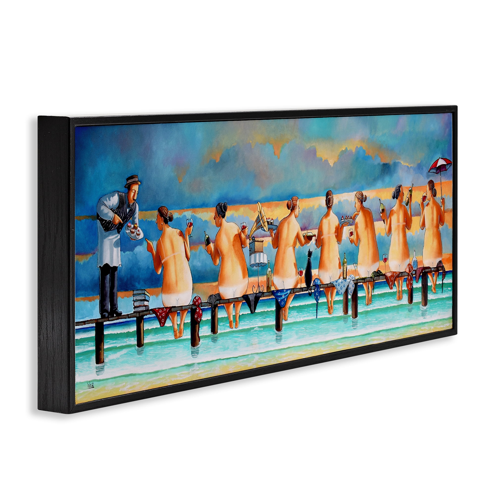 Stupell Industries Ladies Enjoying Beach Novelty Painting Black Framed Art Print Wall Art, 24 x 10