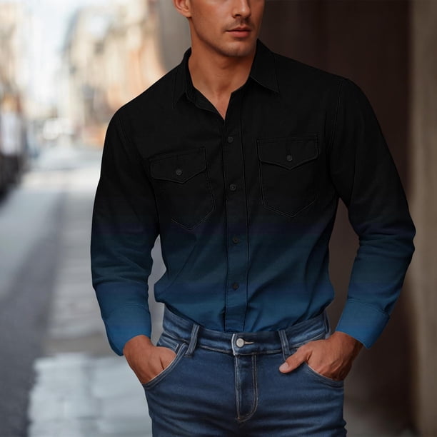 Blusa y camisa de manga larga con cuello vuelto para hombre, estilo informal, a la moda, con botones, bolsillos dobles y estampado degradado, camisa de trabajo de manga larga con cuello vuelto, blusa