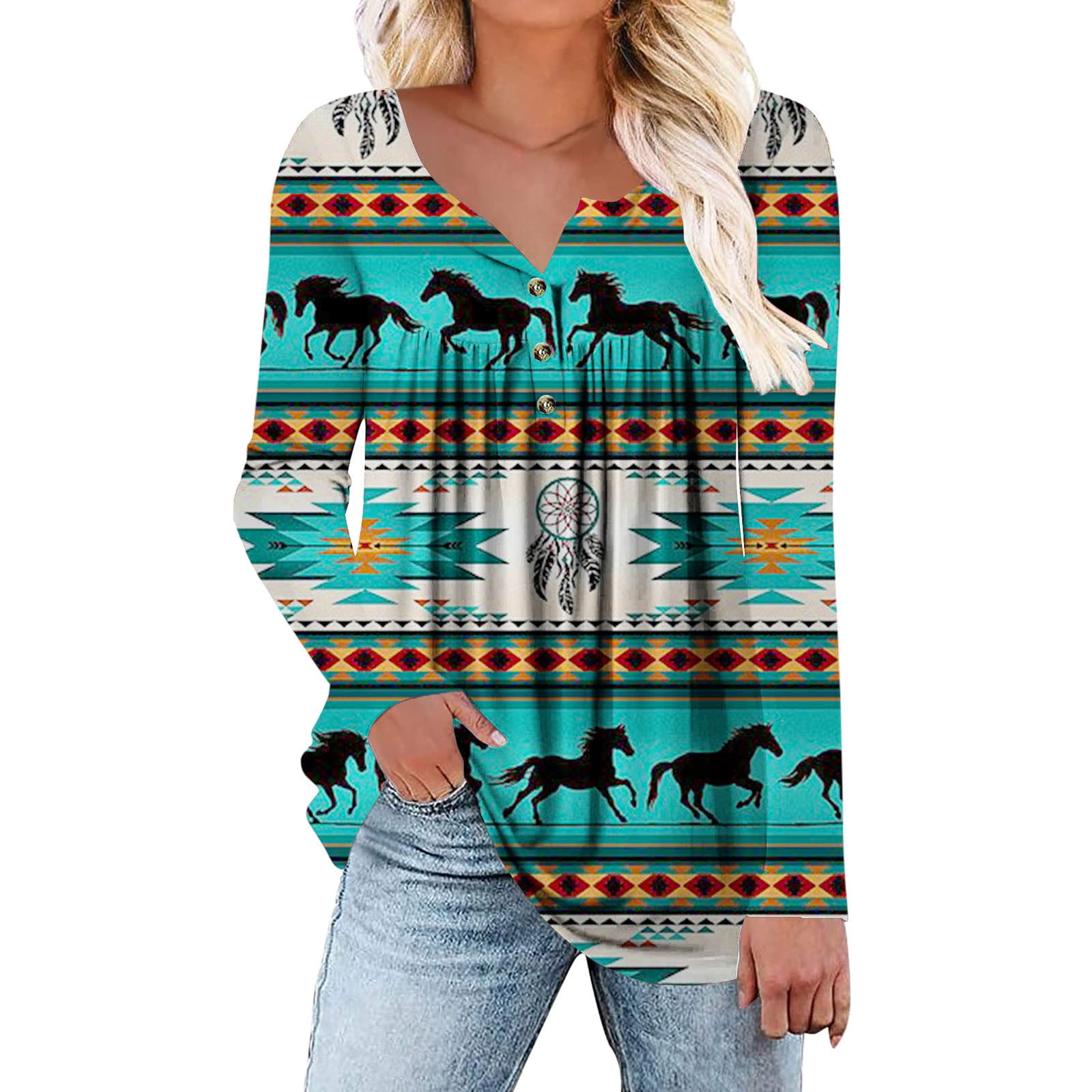 Women's Retro Aztec Art Casual Puff Sleeve Denim Shirt main image 0